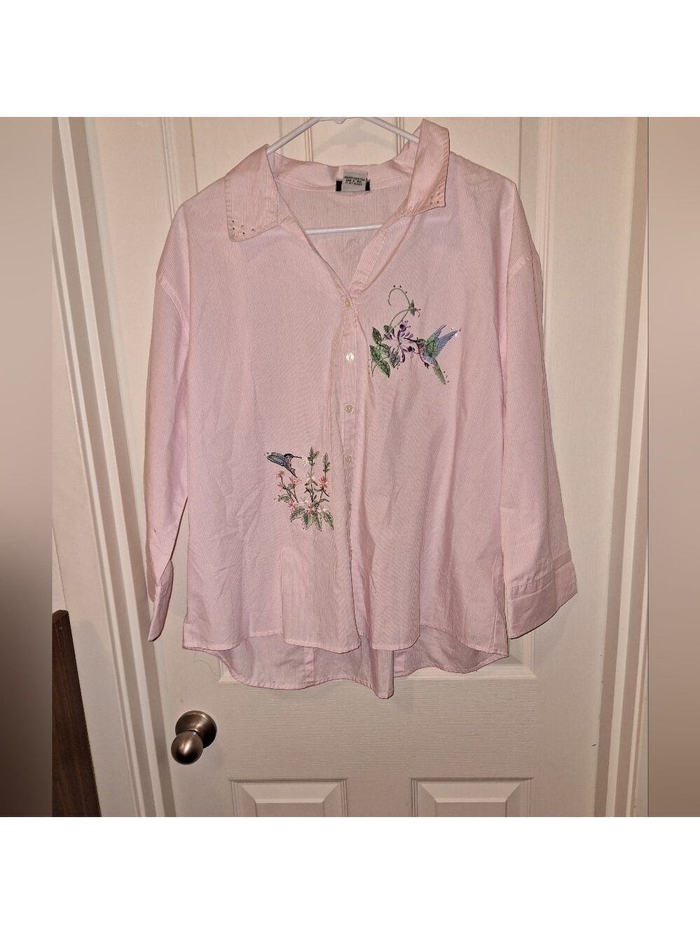 Isaac Mizrahi Pink Hummingbird Button Down Top Plus Size 3/4 Sleeve